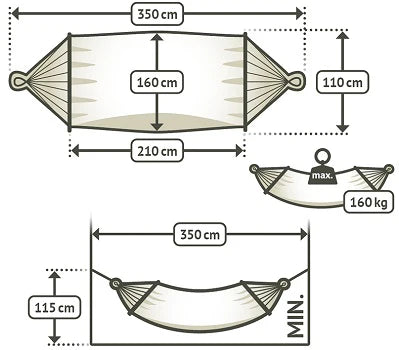 Measurement chart for a hammock with dimensions and weight capacity.