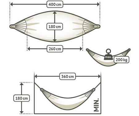 Measurement chart for a hammock showing dimensions and weight capacity.