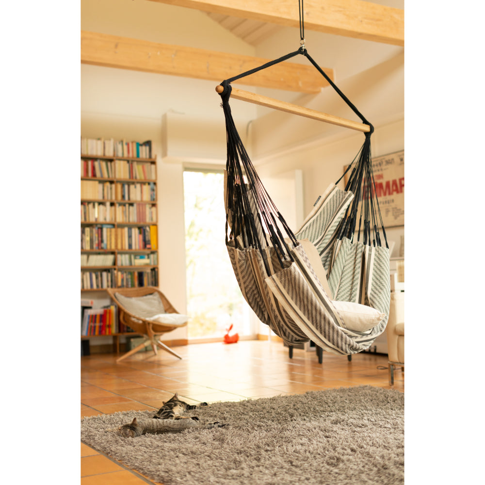 Indoor hanging chair, hung from rafters