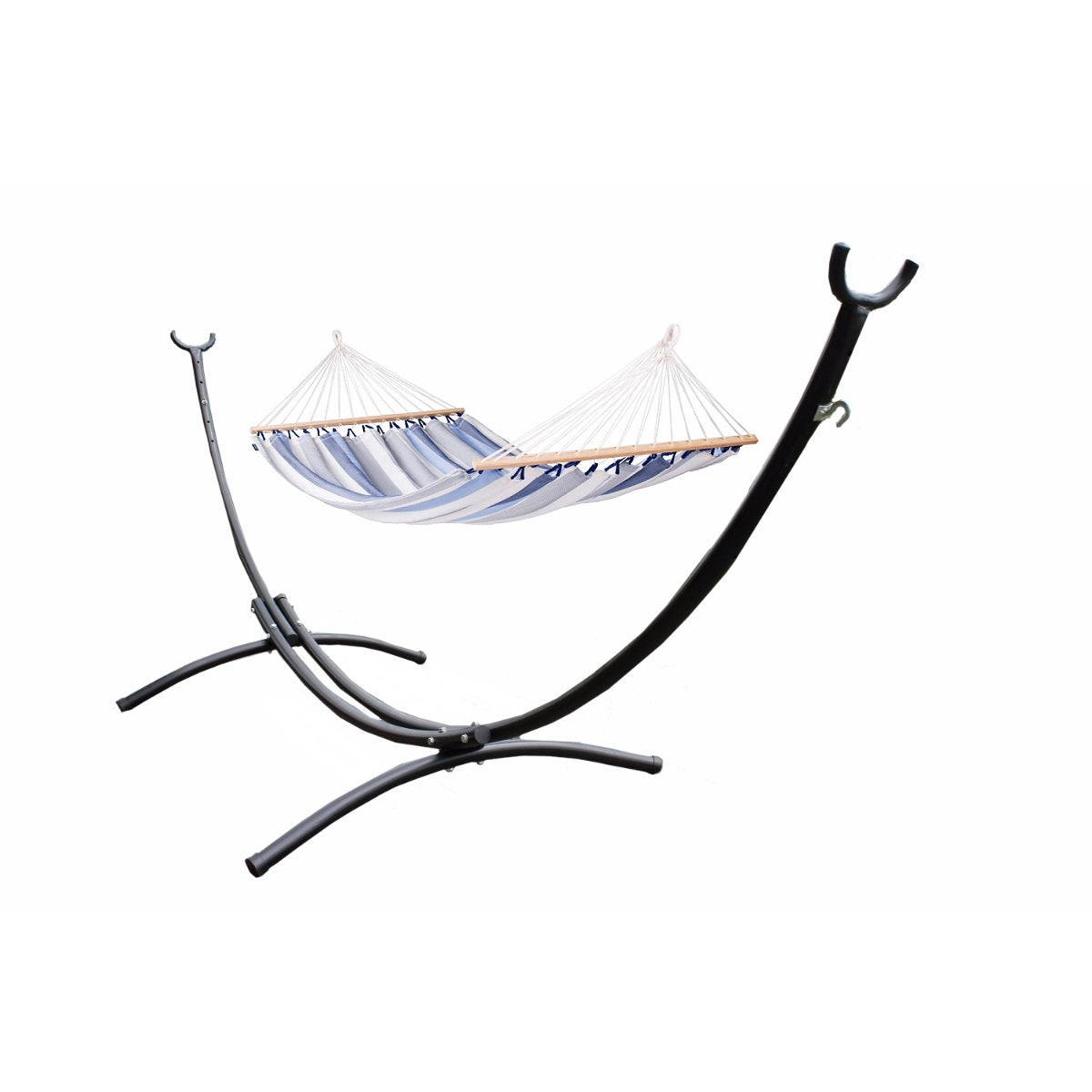 Black metal arc hammock stand with blue and white bar hammock