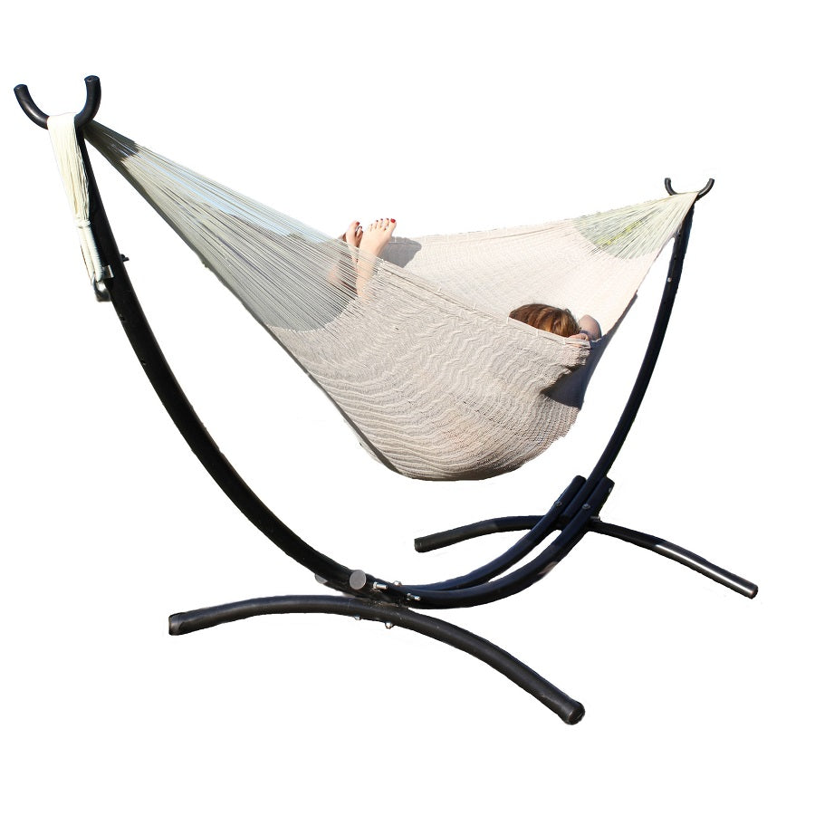 Curved Black metal stand and off white Mexican hammock