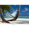 Hammock on beach between coconut trees