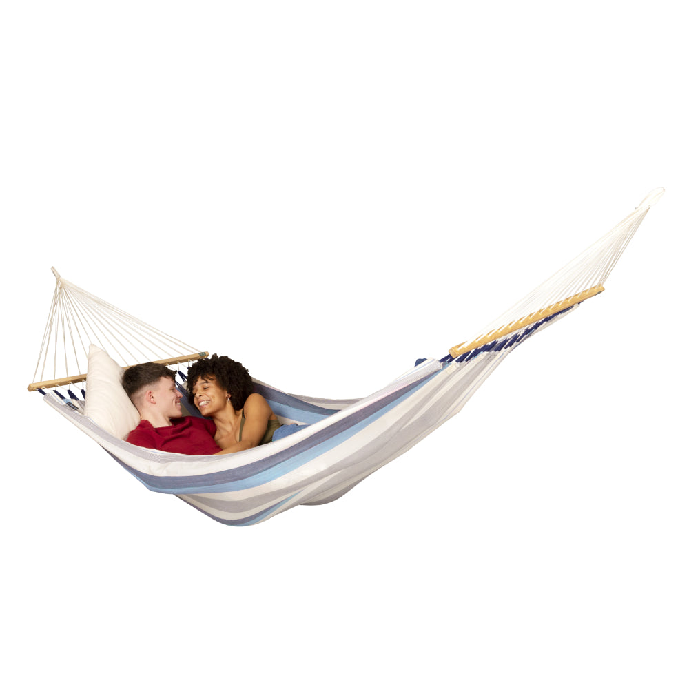 Blue and white spreader bar hammock with two people