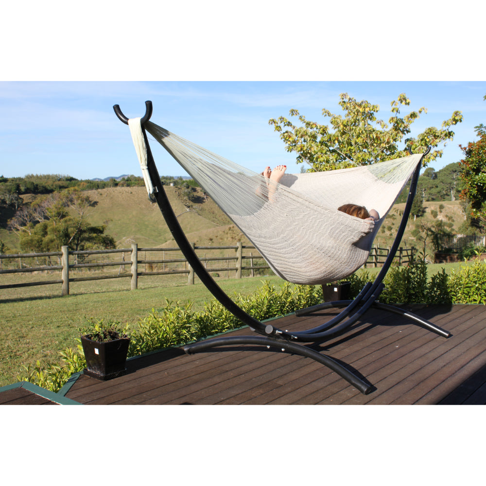 Mexican off white woven hammock on arc frame