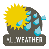 Logo with sun and raindrops labeled 'All Weather' on a gray background
