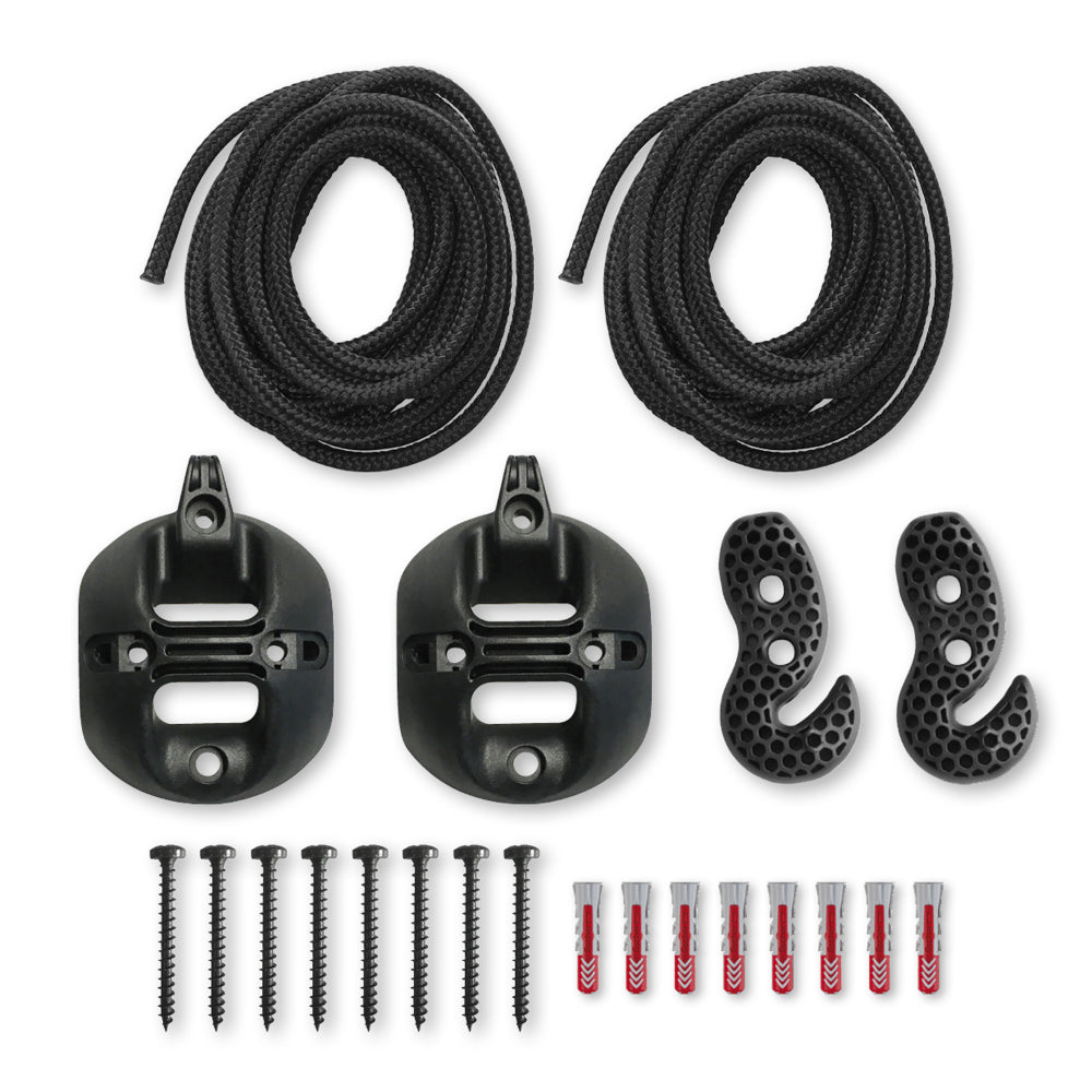 Set of black hooks, ropes, and screws on a white background