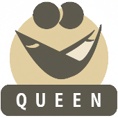 Logo with a stylized face and the word 'QUEEN' on a beige background