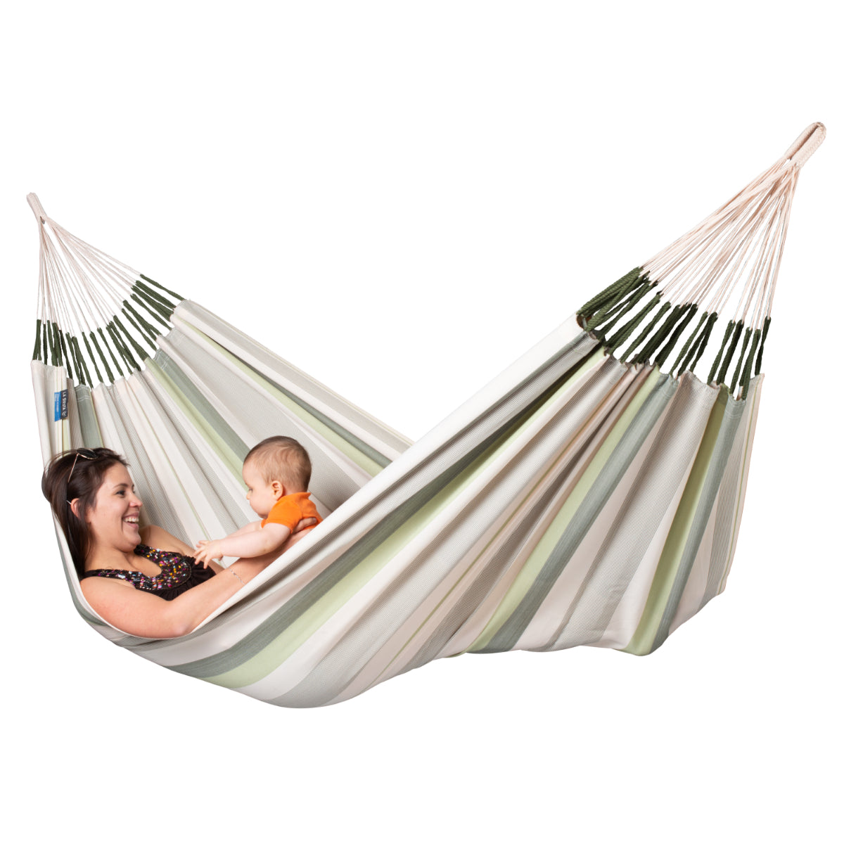 Women and baby playing in hammock
