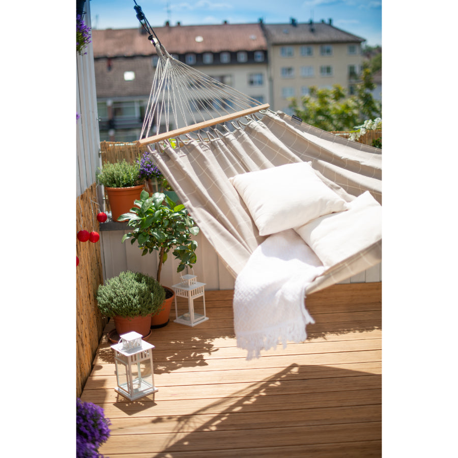 hammock on wooden balcony