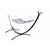 Black metal arc hammock stand with blue and white bar hammock