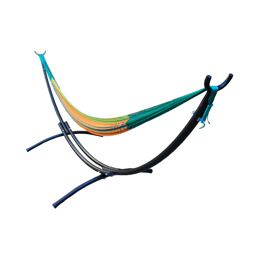 Metal arc hammock stand with woven Mexican hammock